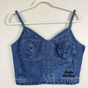 Harley Davidson Bustier Cropped Top Womens Medium Cool Blue Denim Biker Y2K